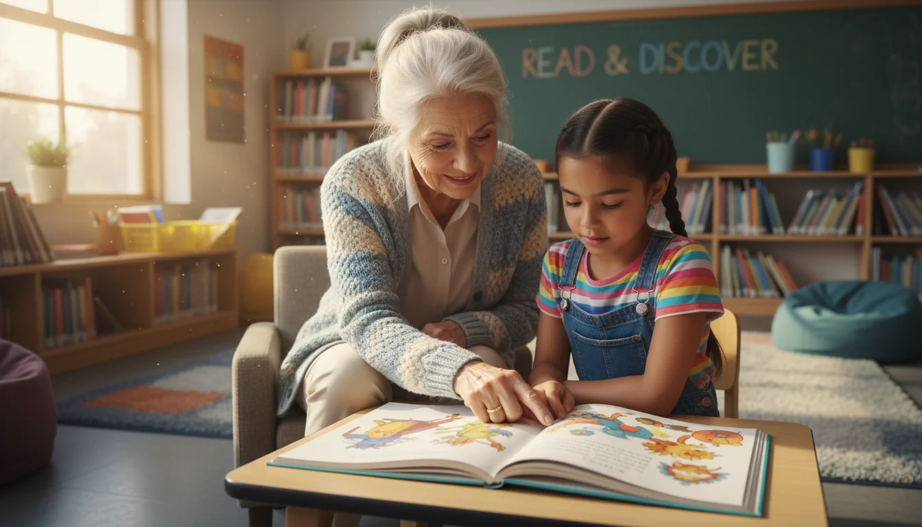 An older woman helps a young girl read a book in a sunlit school library, gently pointing to words on the page.