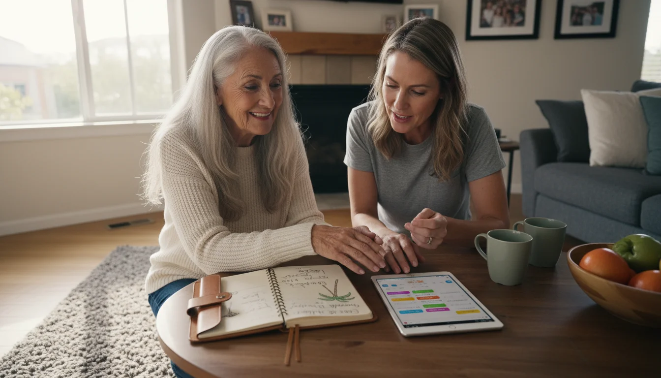 An older woman and her adult daughter calmly discuss a shared schedule at a coffee table in a vacation rental.