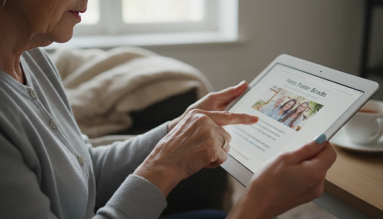 Close-up of an older woman's and her adult daughter's hands, looking at a tablet on a wooden kitchen table.