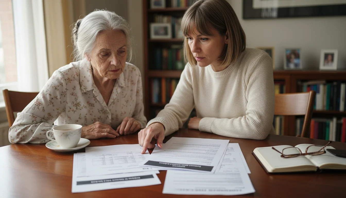 An older woman and her adult daughter intently review financial documents and a residency contract at a table.