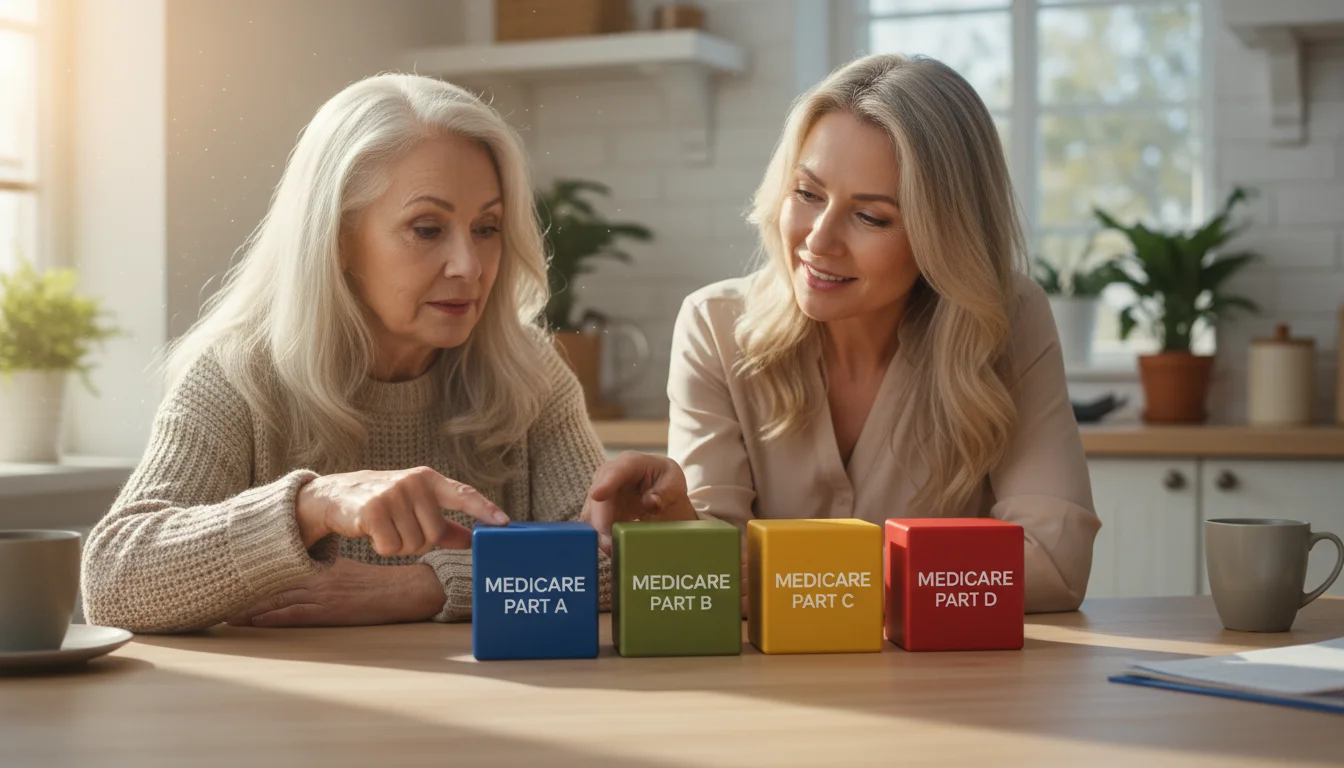 An older woman and her adult daughter at a kitchen table, looking at four labeled blocks representing Medicare parts. Daughter points to one.