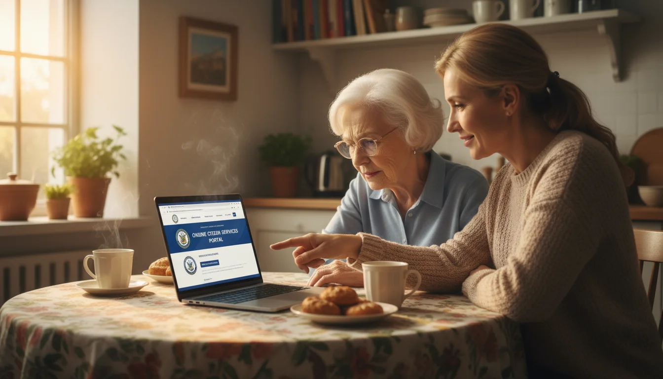 An older woman and her adult daughter at a kitchen table, looking intently at a laptop screen together.