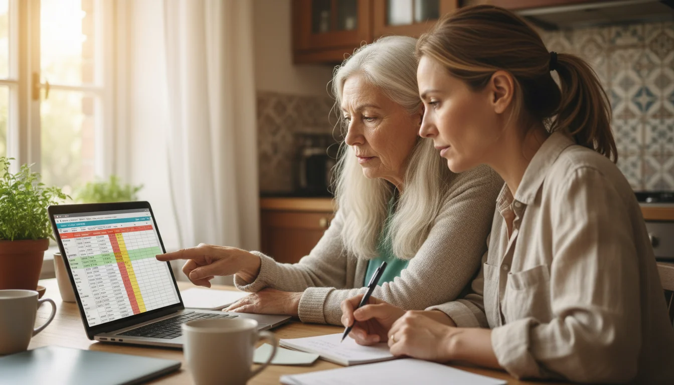 An older woman and her adult daughter lean over a laptop, intently reviewing a budgeting spreadsheet at a kitchen table.
