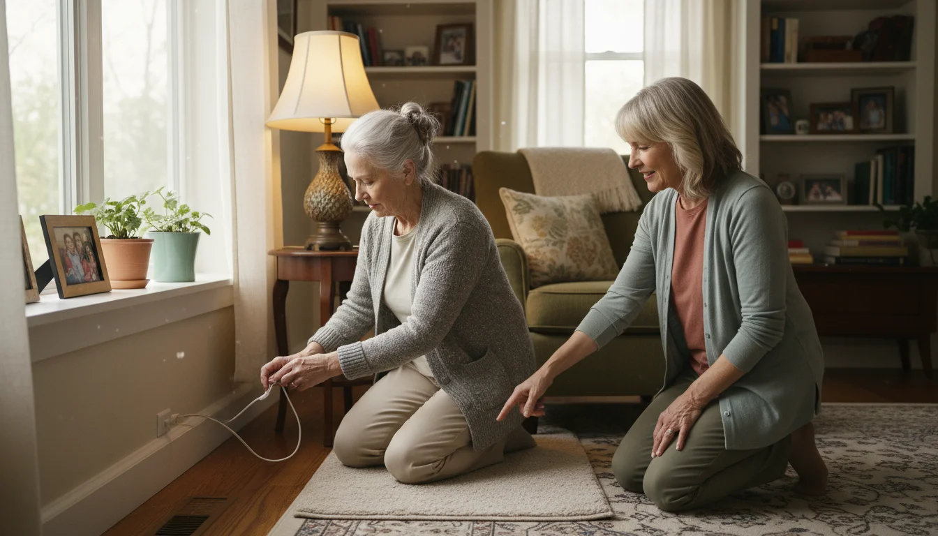 An older woman and her adult daughter in a living room, securing a lamp cord and pointing out a small, loose rug to prevent falls.