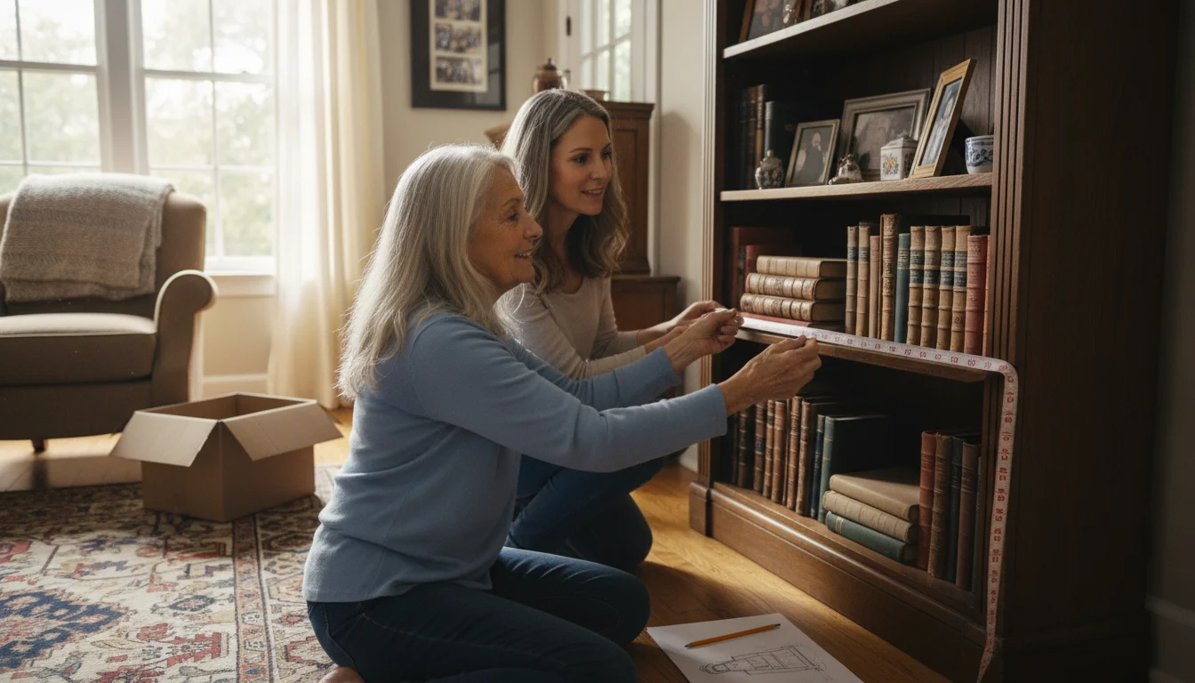 An older woman and her adult daughter measuring a wooden bookshelf with a fabric tape measure in a sunlit living room. A rolled floor plan is on a nea
