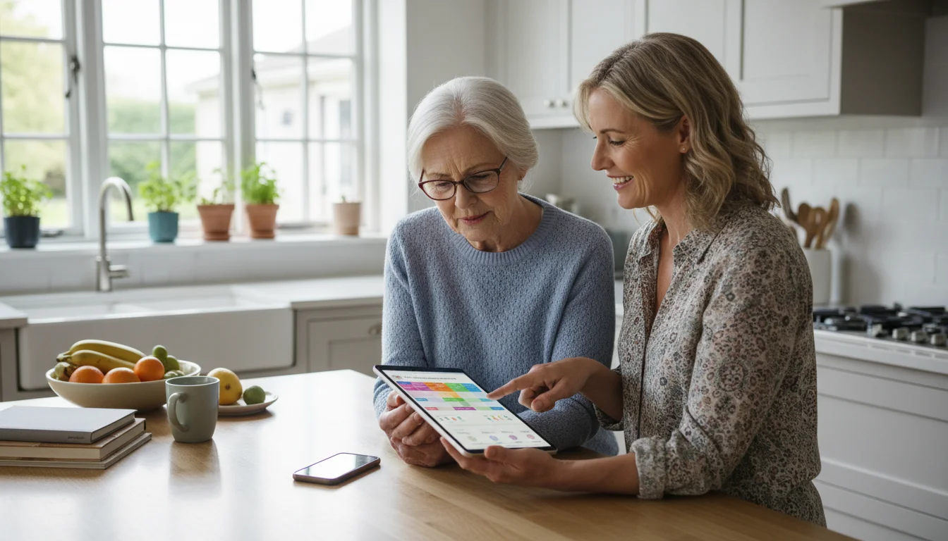 An older woman and her adult daughter review a cell phone plan comparison on a tablet in a bright kitchen. The daughter points to the screen.