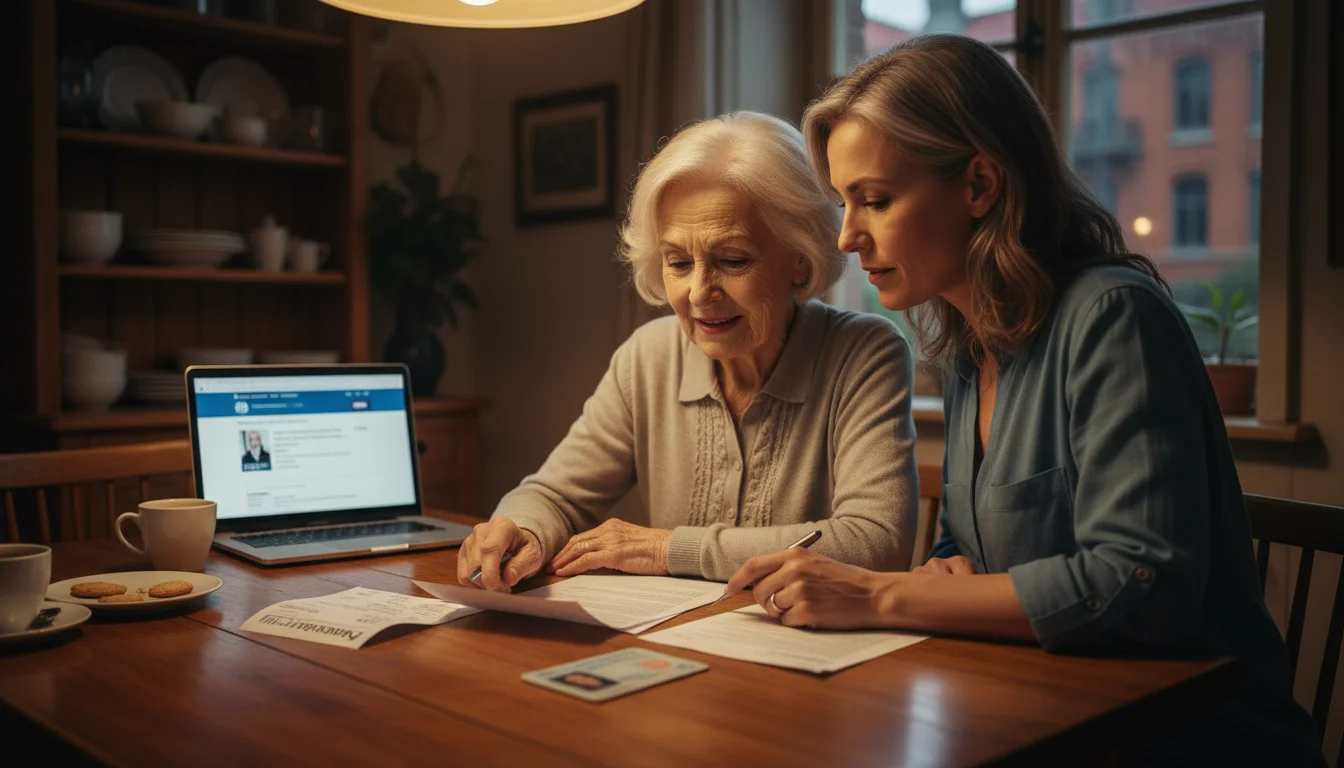 An older woman and her adult daughter review documents and a laptop together at a kitchen table.