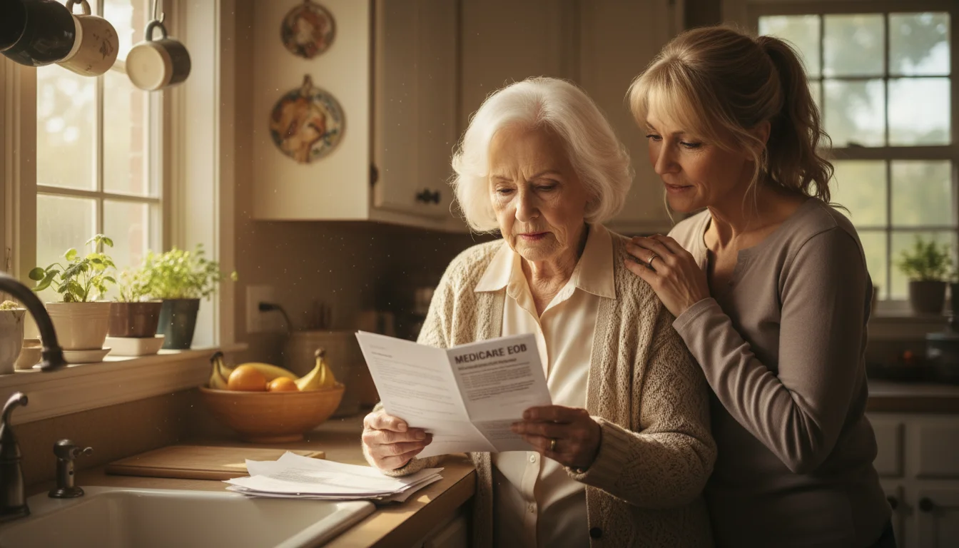 An older woman and her adult daughter review health-related documents together at a bright kitchen counter.