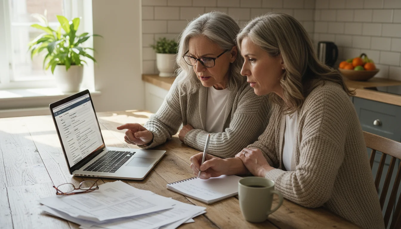 An older woman and her adult daughter carefully review healthcare plan documents and a laptop screen at a kitchen table, planning for retirement.