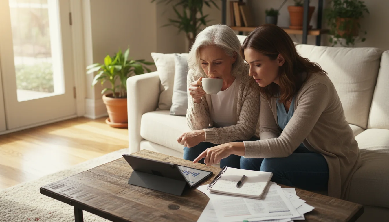 An older woman and her adult daughter review information on a tablet in a cozy living room, a notebook with notes beside them.