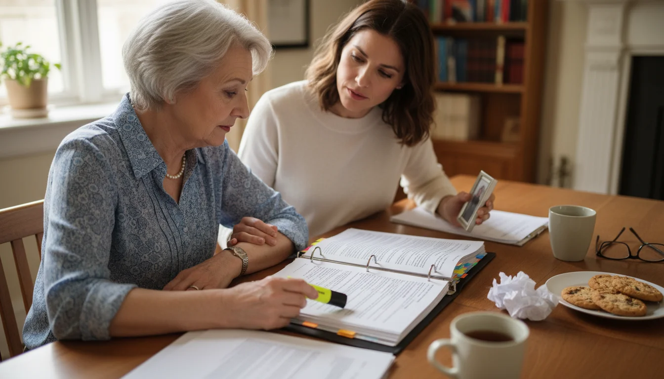 An older woman and her adult daughter review a thick legal contract binder at a dining table, both looking concerned.
