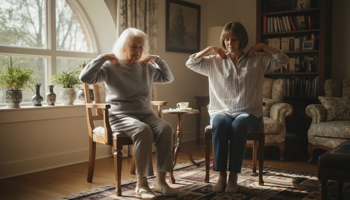 An older woman and her adult daughter gently rolling shoulders while seated in a sunlit living room.