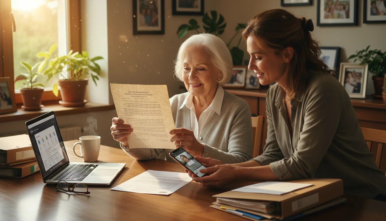 An older woman and her adult daughter scan documents with a smartphone at a table, a laptop showing cloud storage nearby.