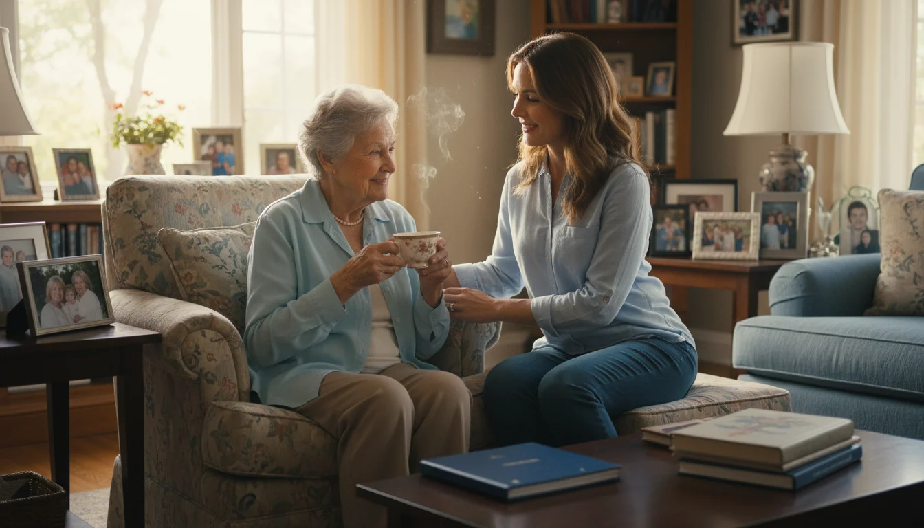An older woman and her adult daughter share a comforting moment in a sunlit living room, with a closed binder on a coffee table.
