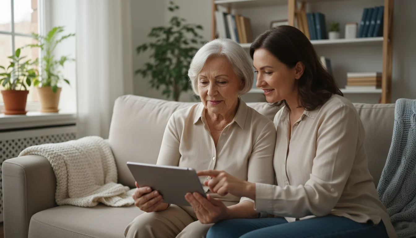 An older woman and her adult daughter sit closely on a sofa, both looking at a tablet screen. The daughter points to the screen.
