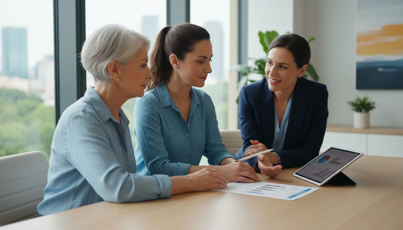 An older woman and her adult daughter sit with a female financial advisor, all looking intently at a financial plan document on a table.