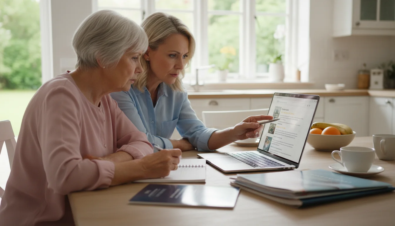 An older woman and her adult daughter sit at a kitchen table, intently reviewing online information about a retirement community on a laptop.