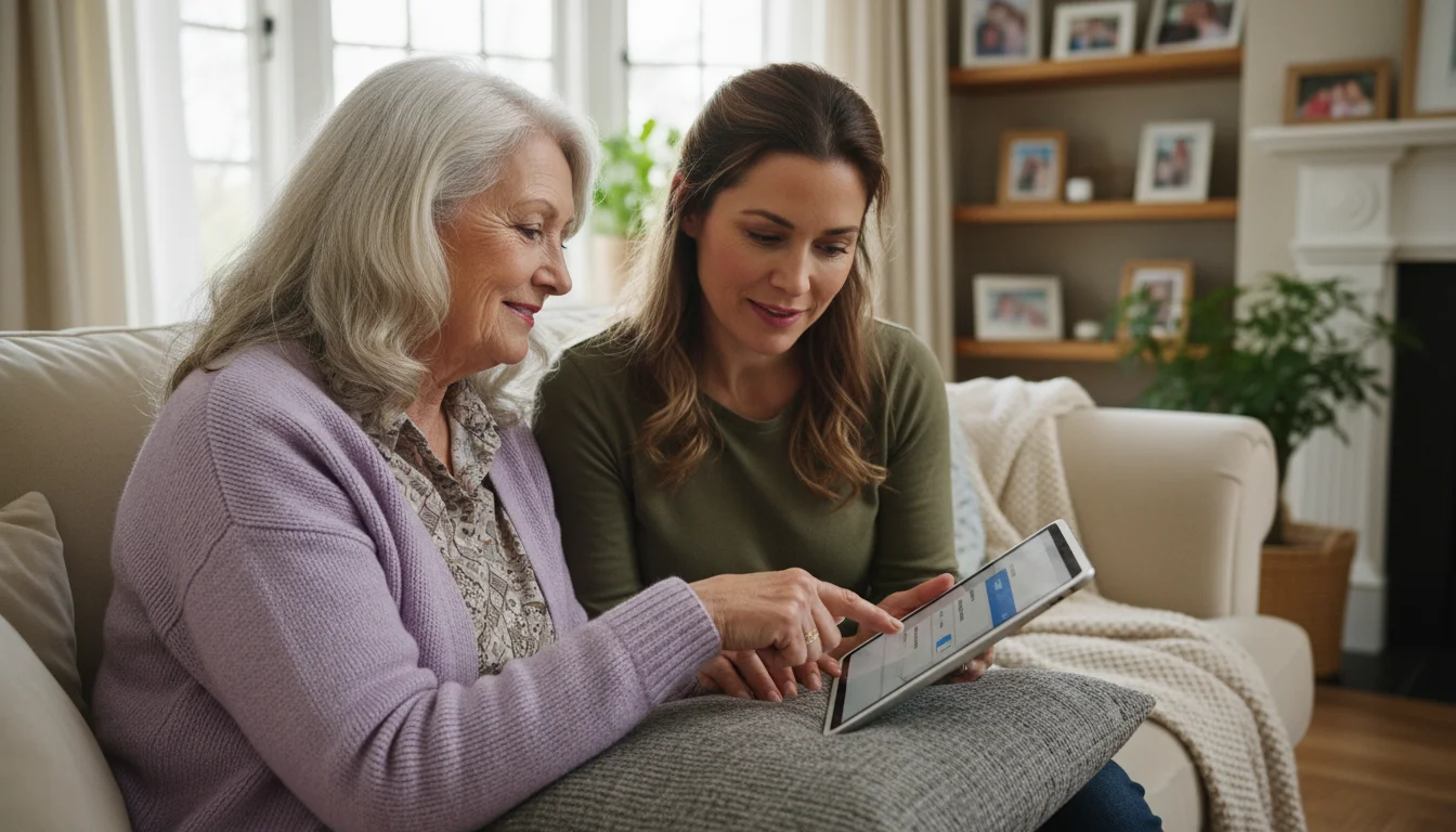 An older woman and her adult daughter sit side-by-side on a sofa, looking at a tablet screen together.