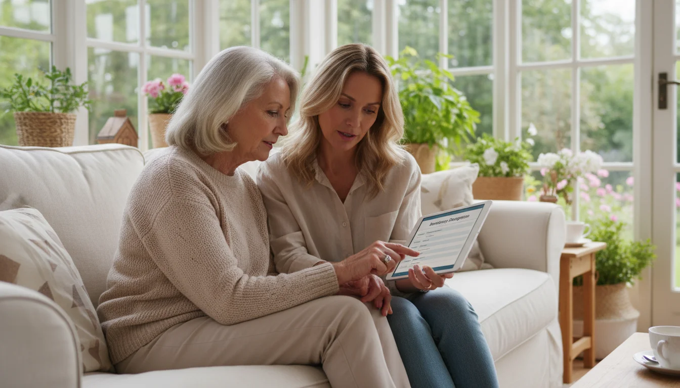 An older woman and her adult daughter sit on a sofa in a sunroom, looking at a tablet showing a beneficiary form.