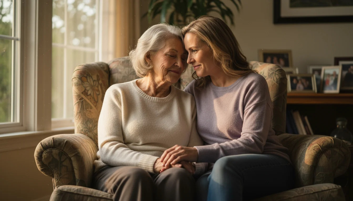 An older woman and her adult daughter sitting close, holding hands, sharing a tender, loving moment in a sunlit living room.