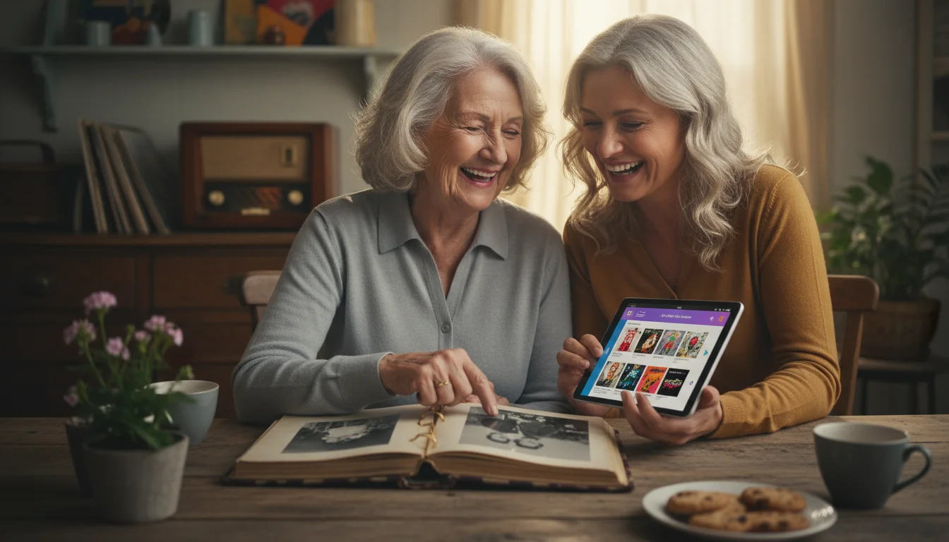 An older woman and her adult daughter smiling at a kitchen table, looking at a music app on a tablet and old wedding photos.