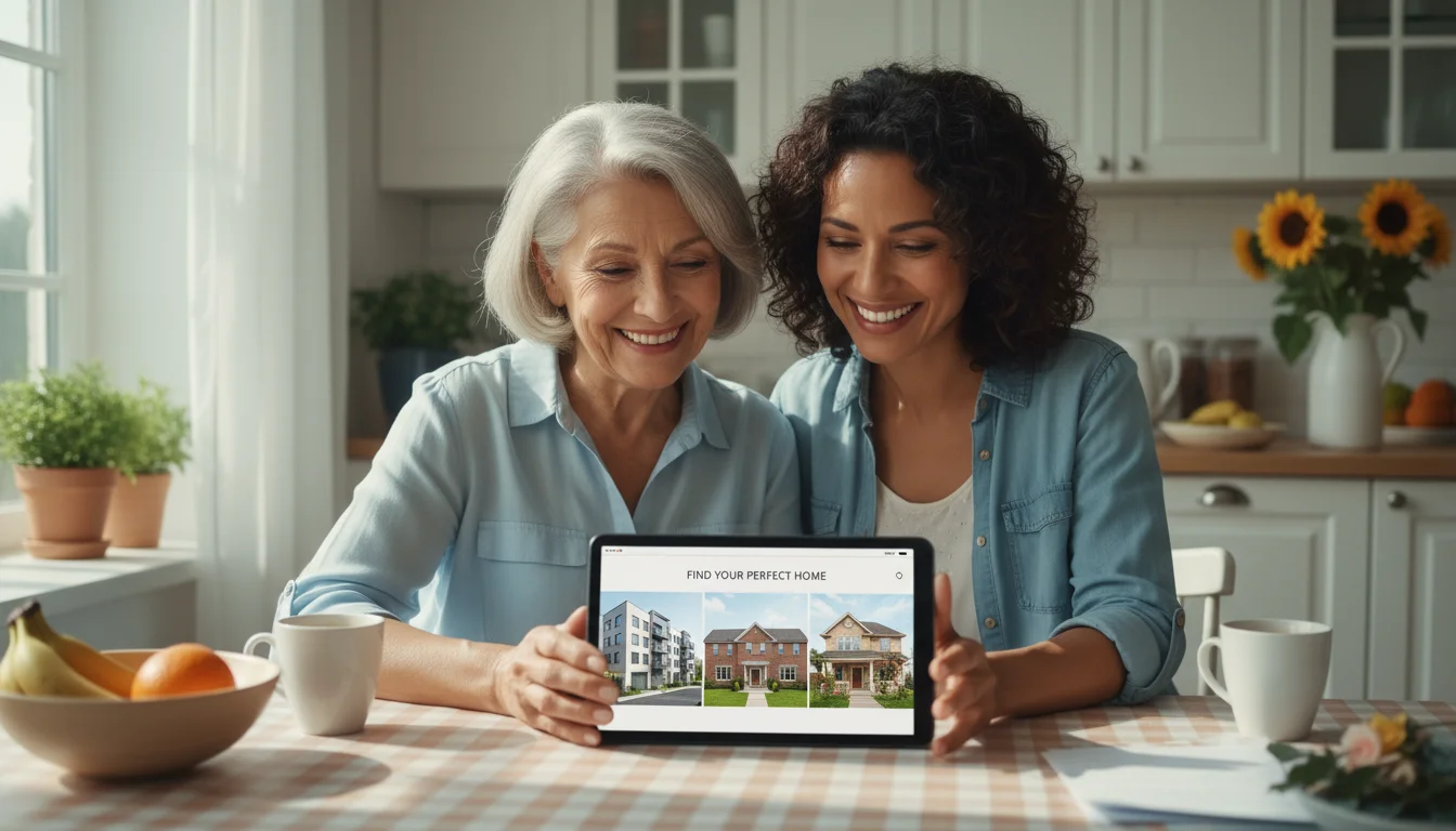 An older woman and her adult daughter smiling as they look at various housing options on a tablet at a kitchen table.