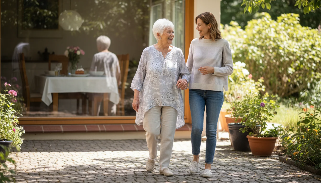 An older woman and her adult daughter walk side-by-side on a sun-dappled patio after a meal, smiling and talking.
