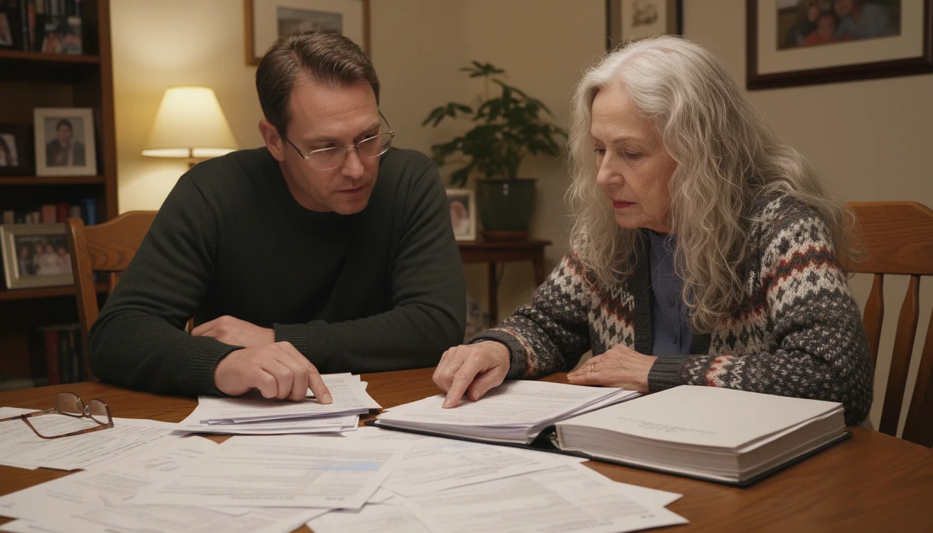 An older woman and her adult son sit at a dining table, deeply focused on reviewing financial and legal documents together.