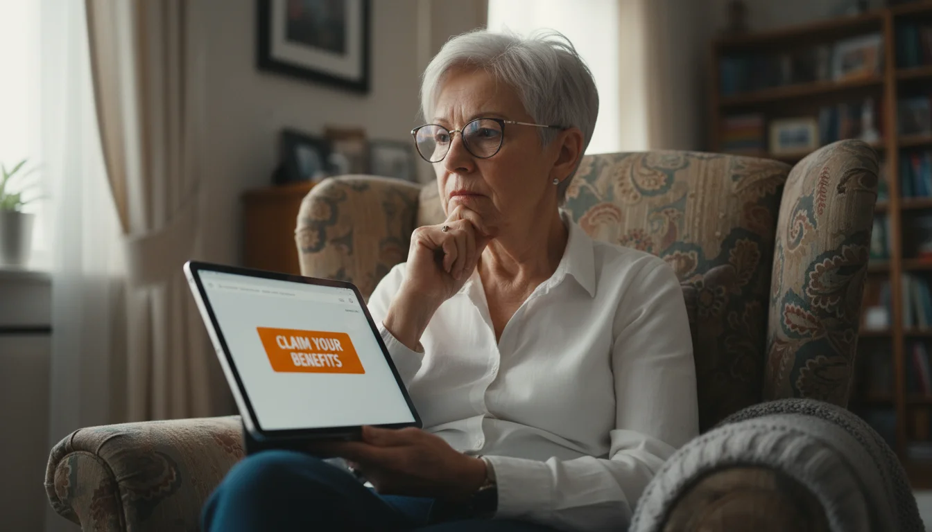 An older woman in her armchair holds a tablet showing a suspicious email, her expression thoughtful and wary.