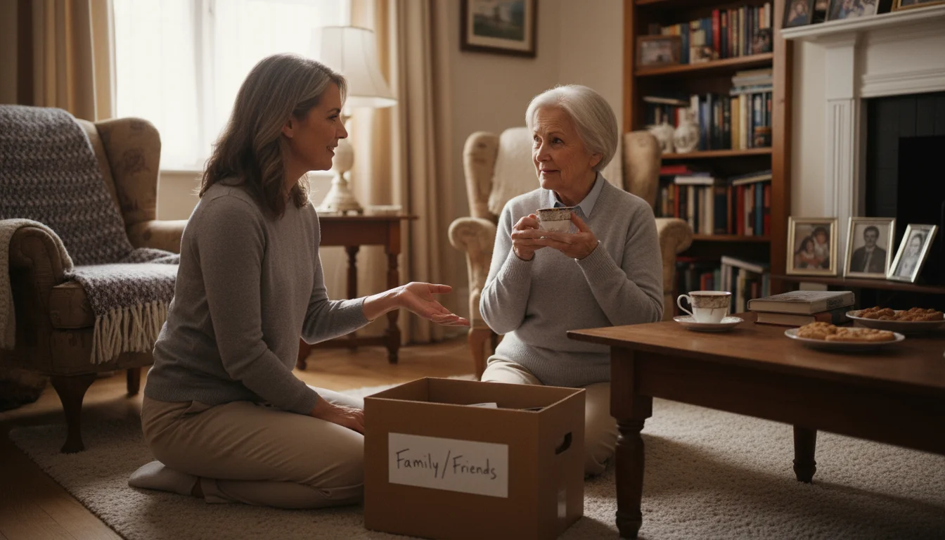 An older woman and her daughter sort belongings into four labeled boxes: Keep, Donate/Sell, Trash/Recycle, and Family/Friends.