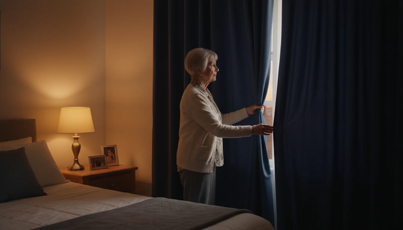 An older woman in her 70s draws dark blackout curtains in a dim bedroom, preparing for sleep.