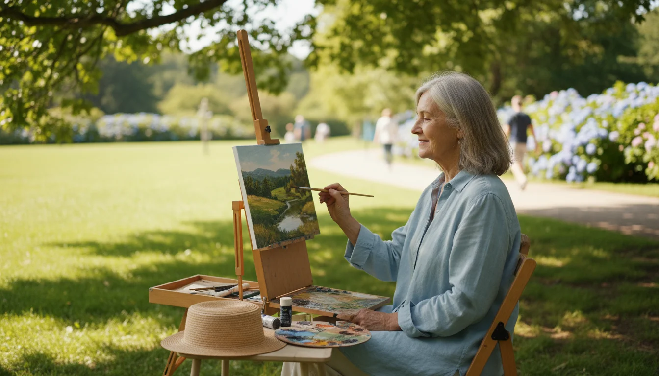 An older woman in her early 70s, with a gentle smile, paints a landscape outdoors, looking focused and relaxed at her easel.