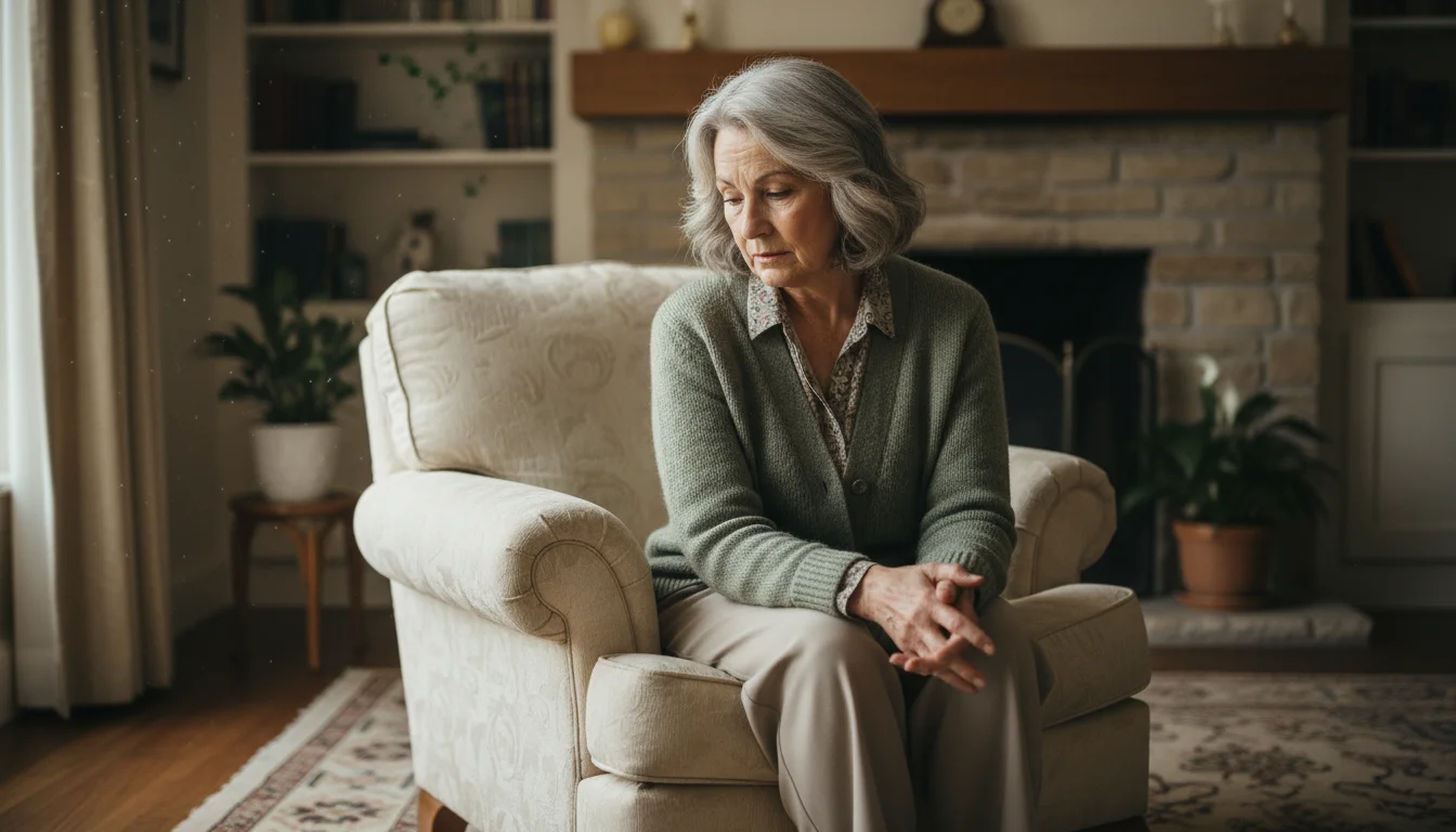 An older woman in her early 60s sits alone in an armchair, hands clasped, looking down thoughtfully in a quiet, softly lit living room.