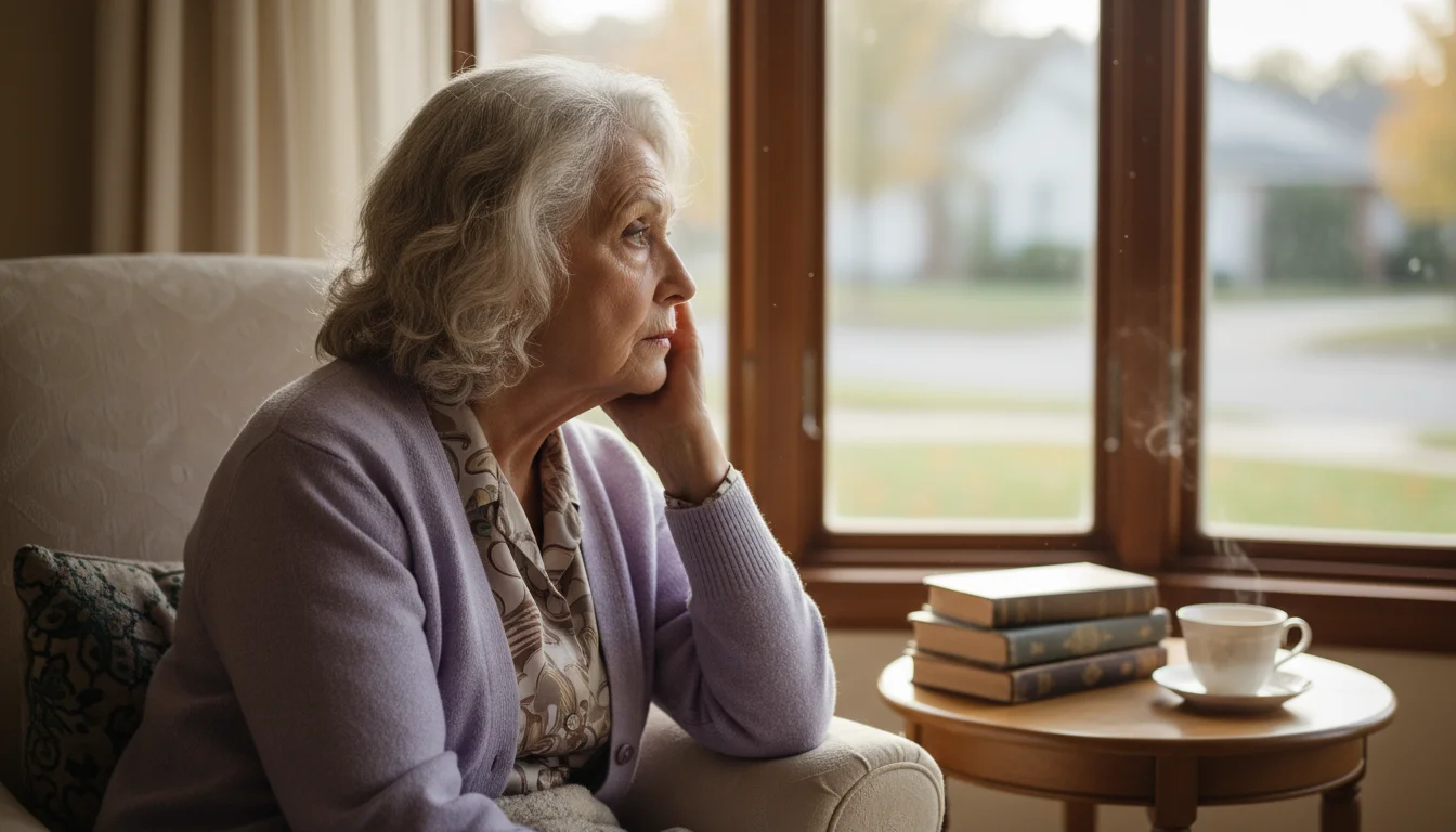 An older woman in her early 70s sits in an armchair by a window, looking tired with her hand on her cheek.