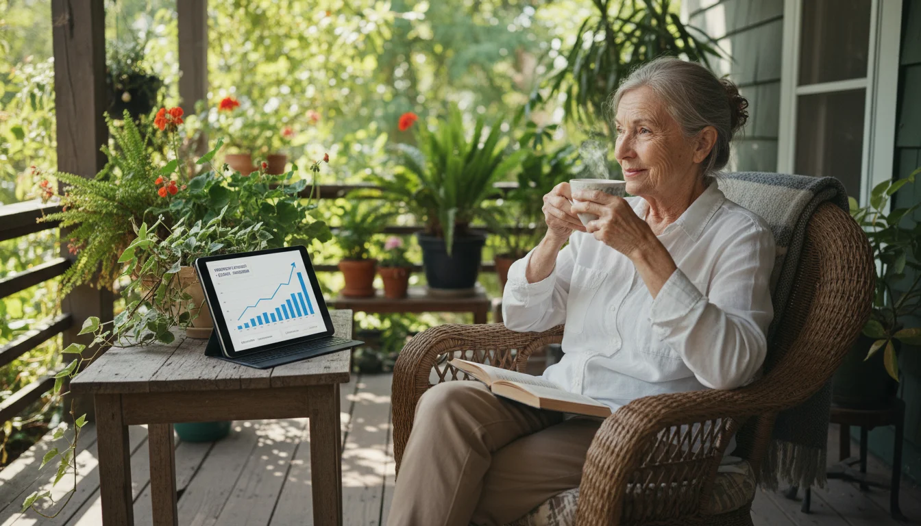 An older woman in her early 70s sits on a sunlit porch, gently smiling as she sips tea. A tablet displays a financial graph beside her.