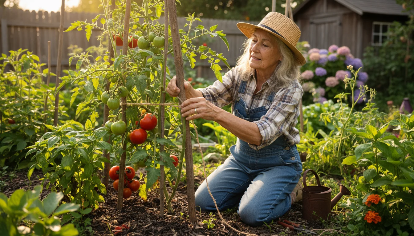 An older woman in her garden, hands carefully tying a tomato plant stem to a wooden stake for support and growth.