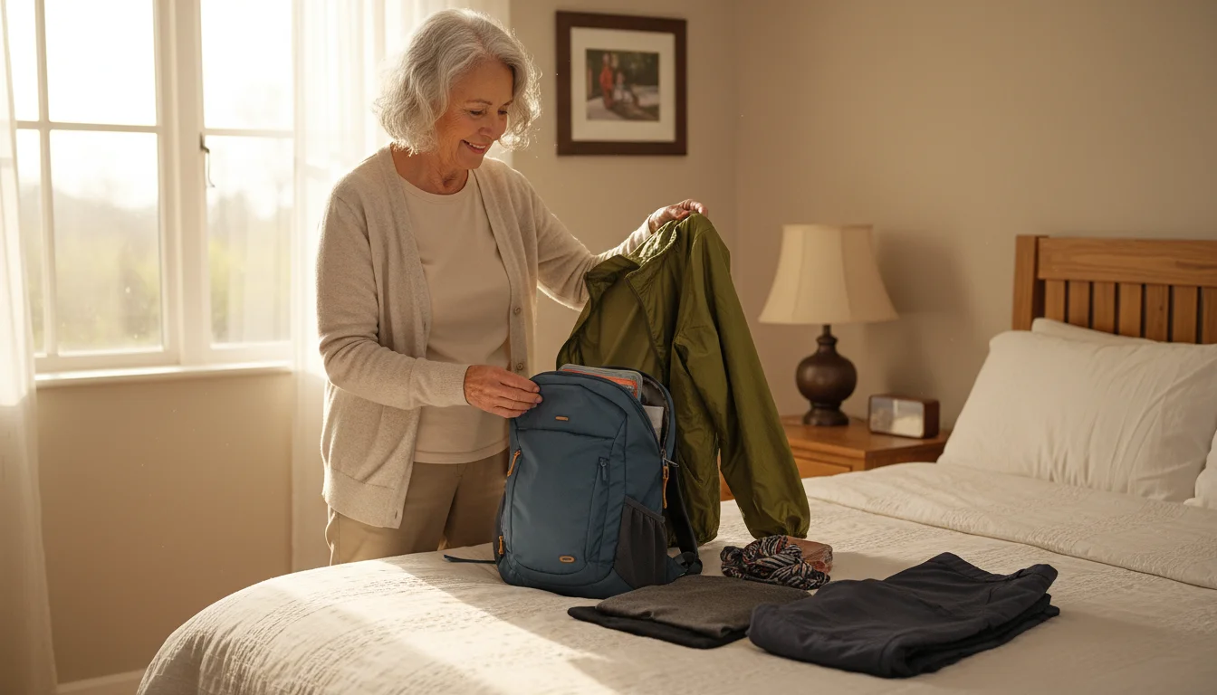 An older woman in her 70s holds up a lightweight nylon jacket over a bed with a small backpack and folded clothes.