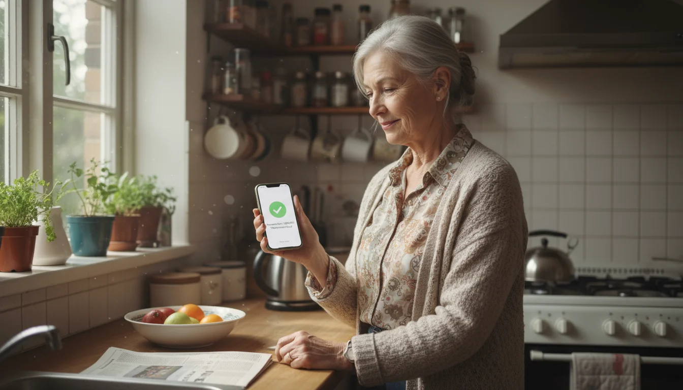 An older woman in her home kitchen calmly glances at a financial transaction alert on her smartphone, a grocery bag sits on the counter.