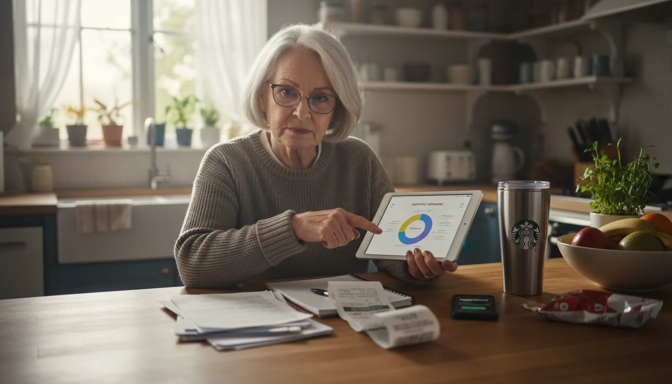 An older woman in her kitchen examines bills and a tablet, with subtle hints of common household expenses around her.