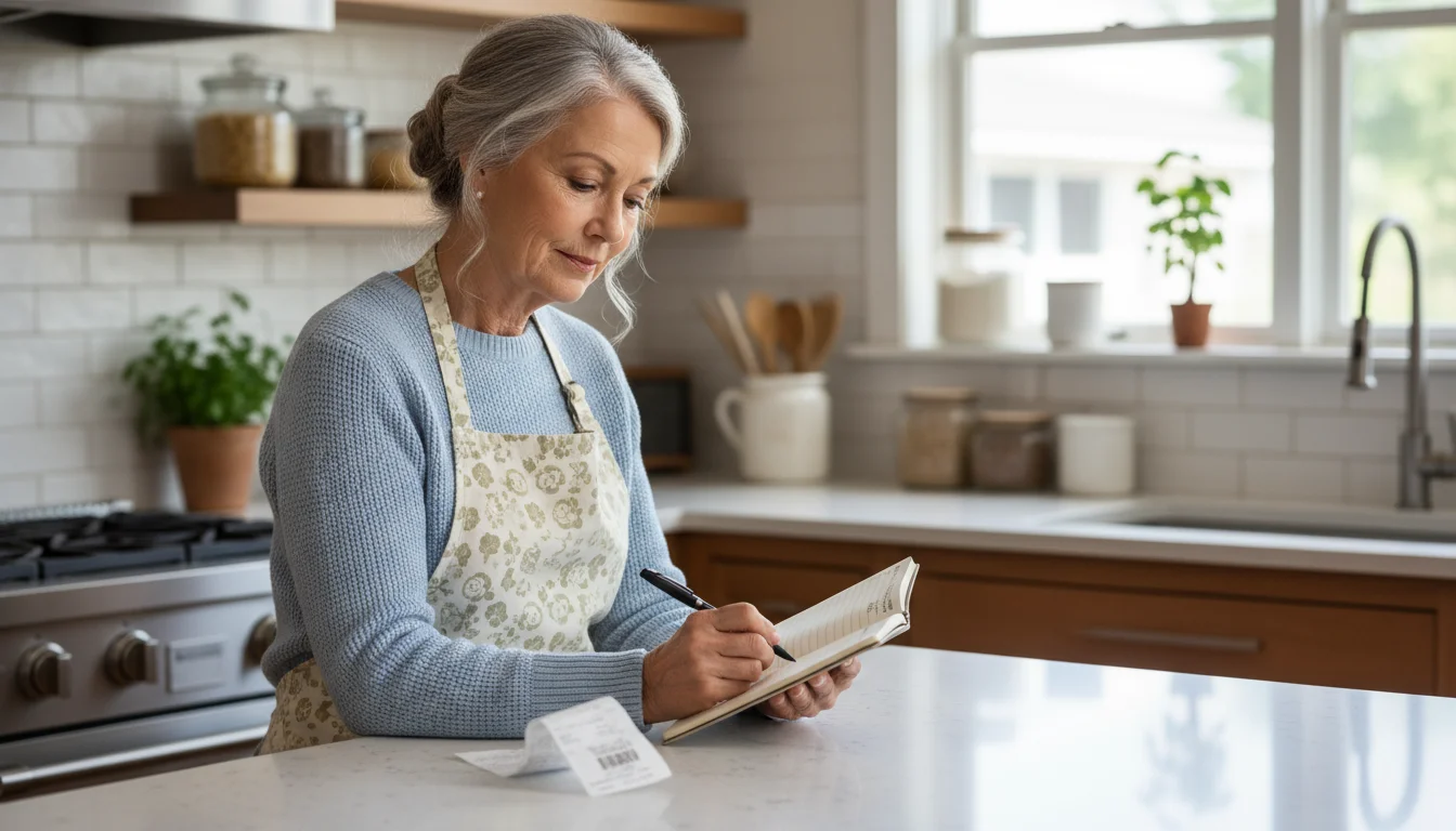 An older woman in her kitchen standing at an island, writing expenses in a small notebook with a pen.