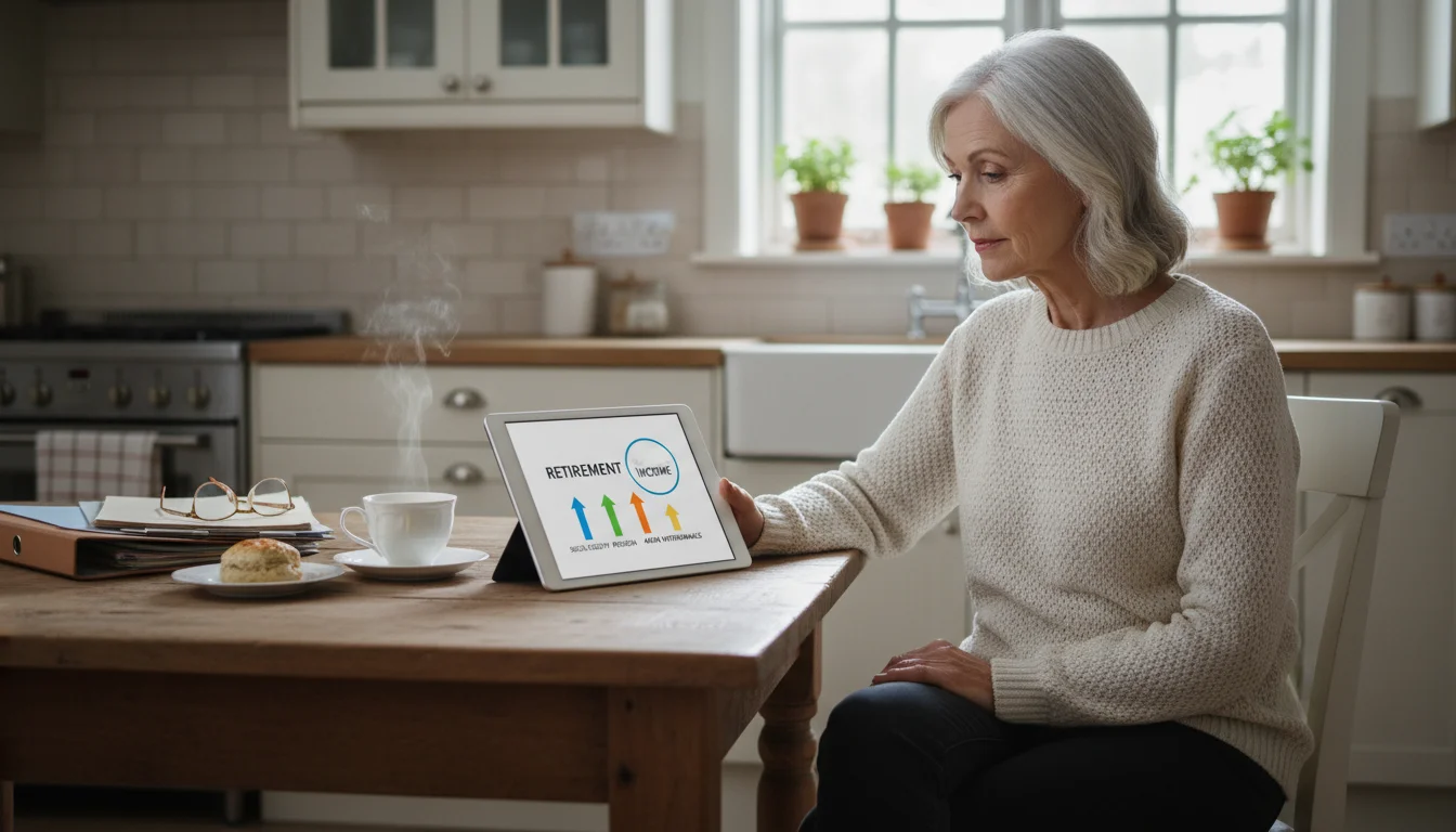 An older woman at her kitchen table, focused on a tablet showing different income sources. Physical documents, reading glasses, and a cup of tea are a