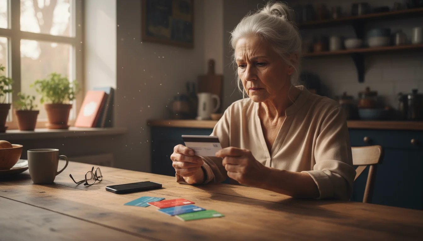 An older woman at her kitchen table holds a gift card with a concerned expression; several more gift cards are on the table.