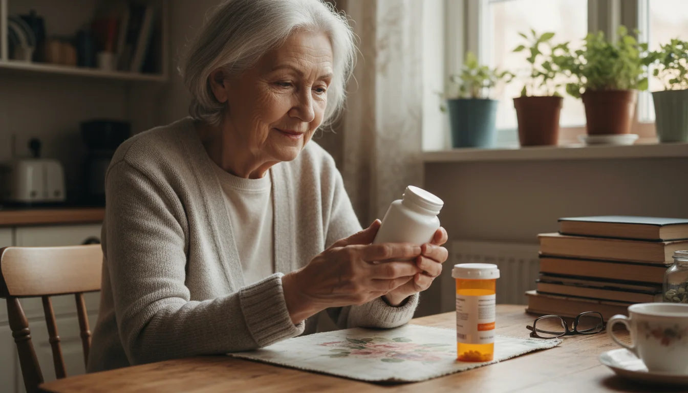 An older woman at her kitchen table, thoughtfully examining a supplement bottle with a prescription medication bottle nearby.