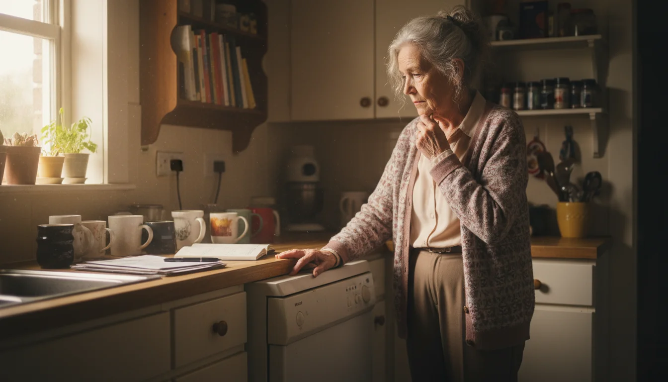 Older woman in her kitchen with a thoughtful look, observing her aging dishwasher. A notepad is on the counter.
