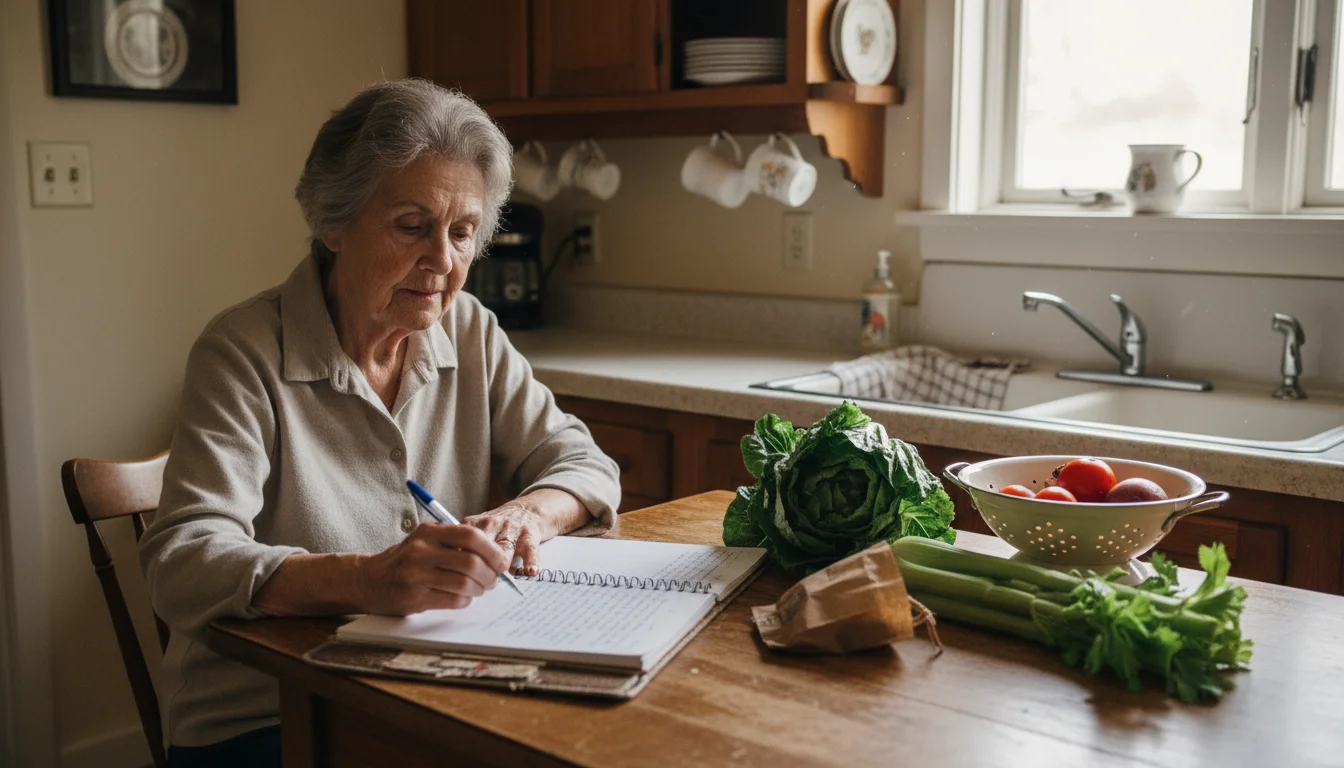 Older woman in her kitchen, thoughtfully reviewing a handwritten grocery list next to fresh vegetables on the counter.