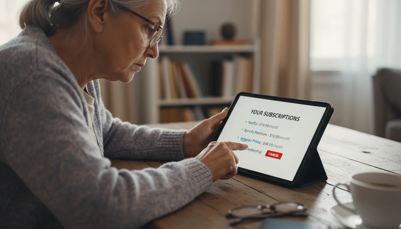 An older woman in her late 60s looks intently at a tablet screen displaying a clean list of recurring subscriptions.