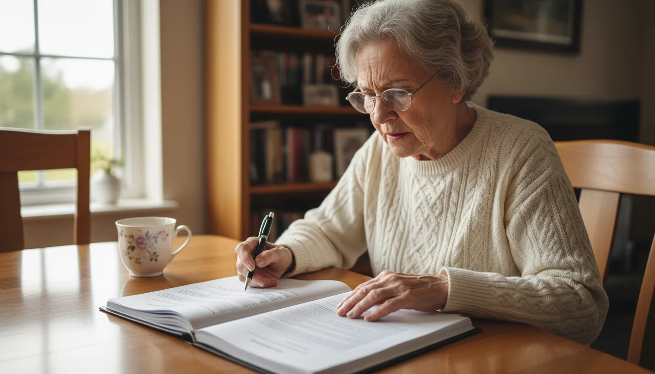 An older woman in her late 70s, with reading glasses, intensely reviews a thick legal contract at her dining table, looking confused.