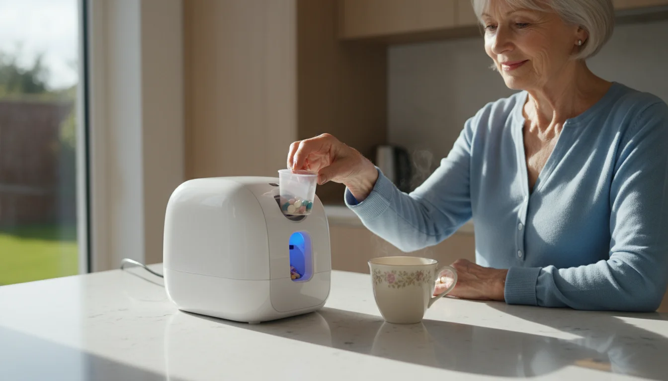 An older woman in her late 70s, with a relaxed smile, retrieves medication from a white automatic pill dispenser on a sunlit kitchen counter.