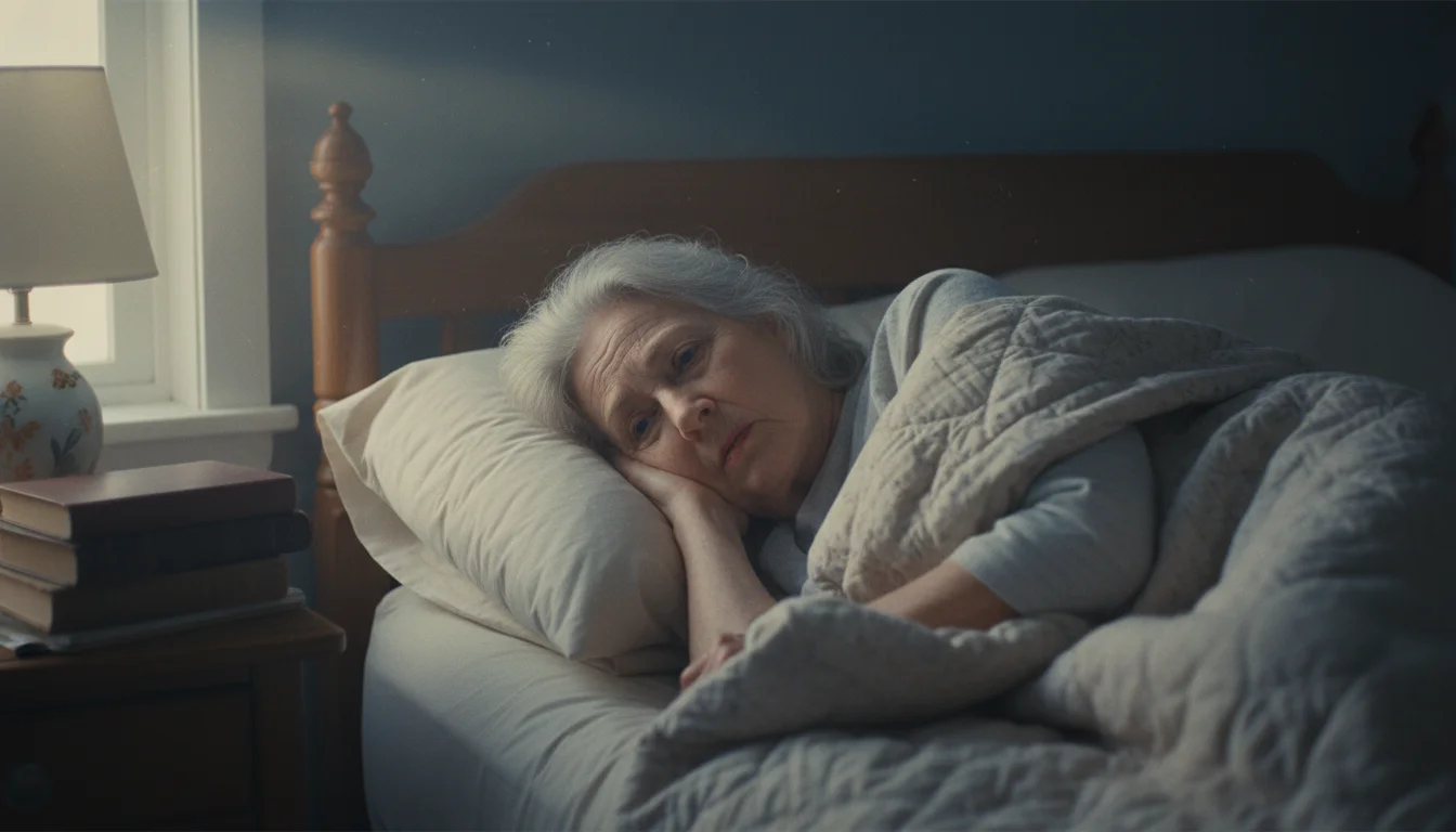 An older woman in her late 70s, with silver hair, lies in bed in the early morning, eyes just barely opening with a slightly startled expression.