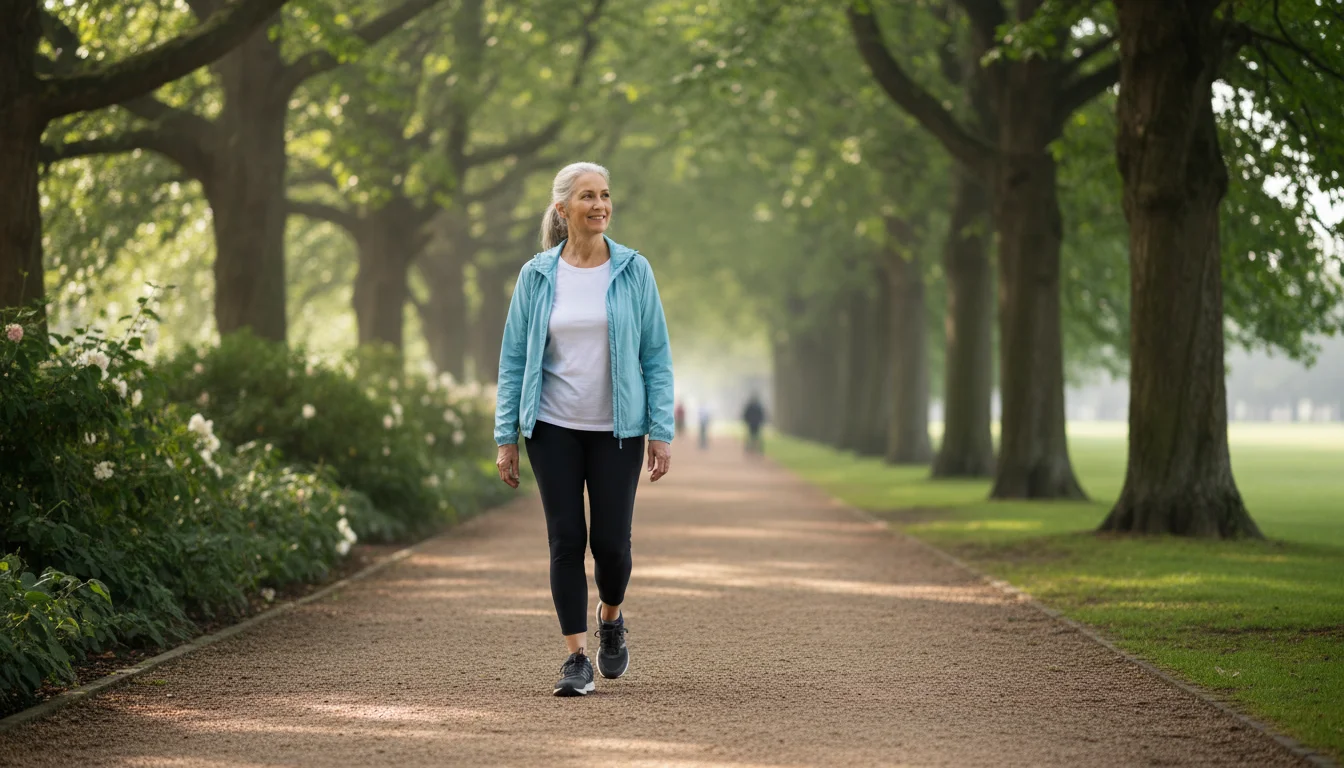 An older woman in her late 60s walks calmly on a park path, dappled by sunlight through trees, wearing comfortable clothes.